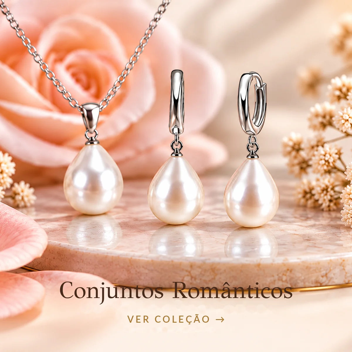 Conjunto romântico de colar e brincos com pérolas Klyko