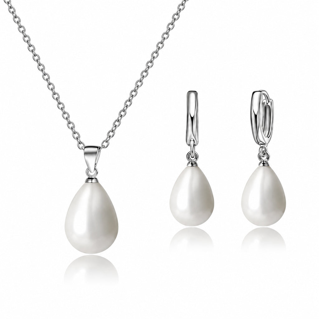 Conjunto ALVA com colar e brincos de gotas de efeito perolado em fundo branco