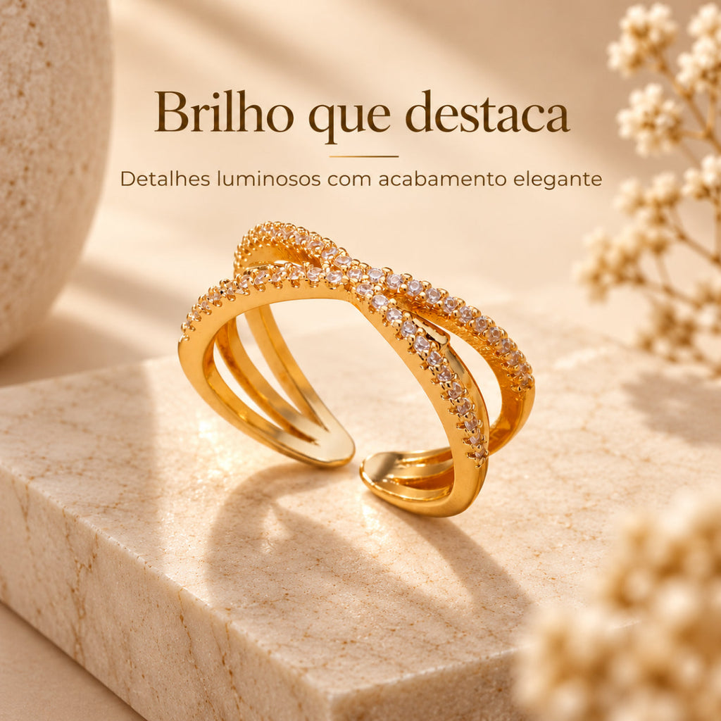 Detalhes brilhantes do Anel GRACE com acabamento dourado e design feminino cruzado