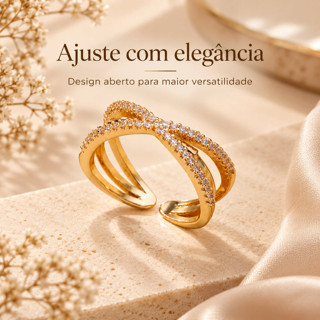 Anel GRACE feminino de design aberto com acabamento dourado e estilo elegante