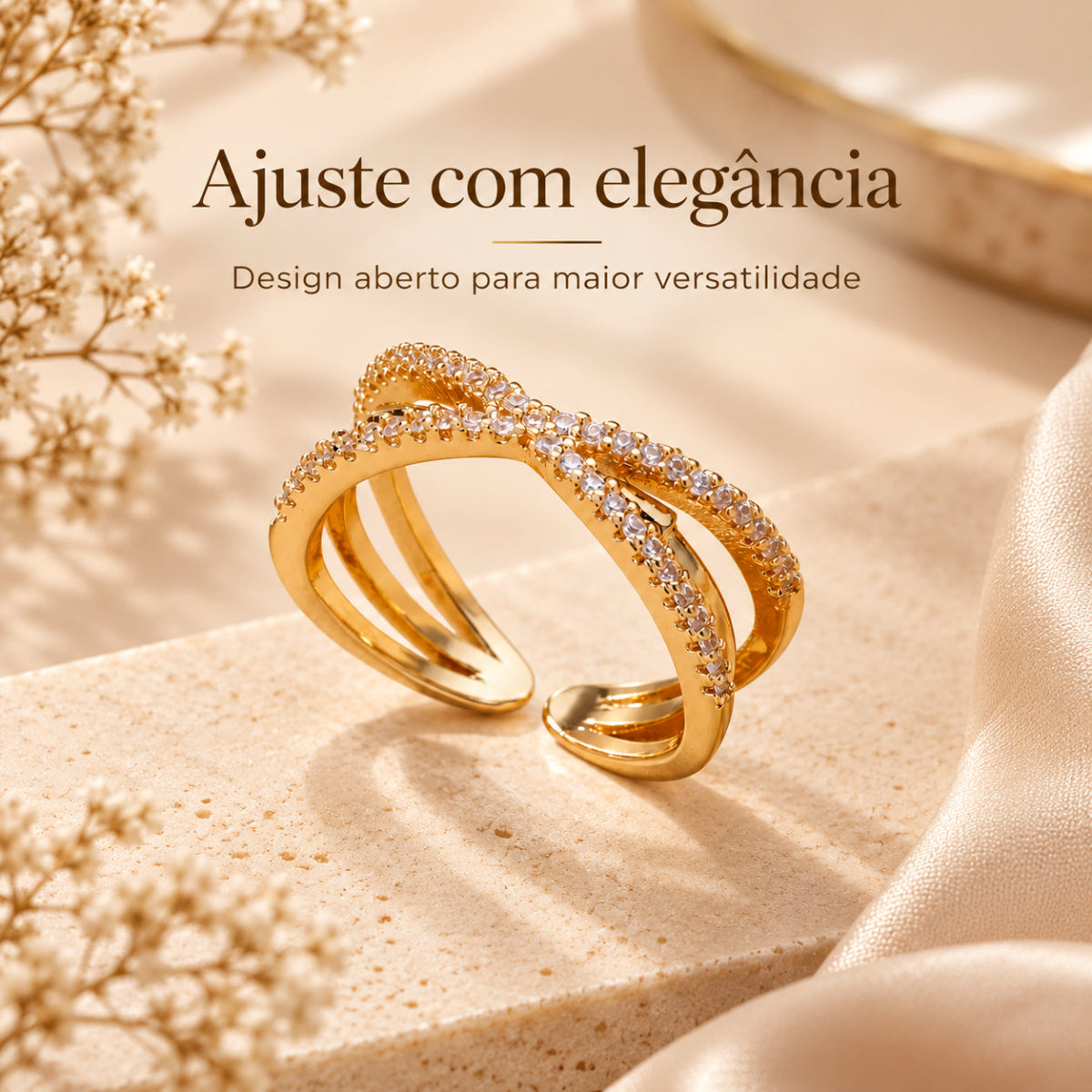 Anel GRACE feminino de design aberto com acabamento dourado e estilo elegante