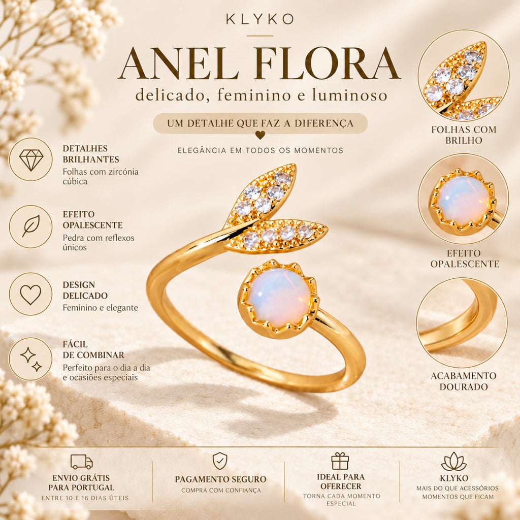Anel FLORA ajustável em aço inoxidável com acabamento dourado e detalhes brilhantes