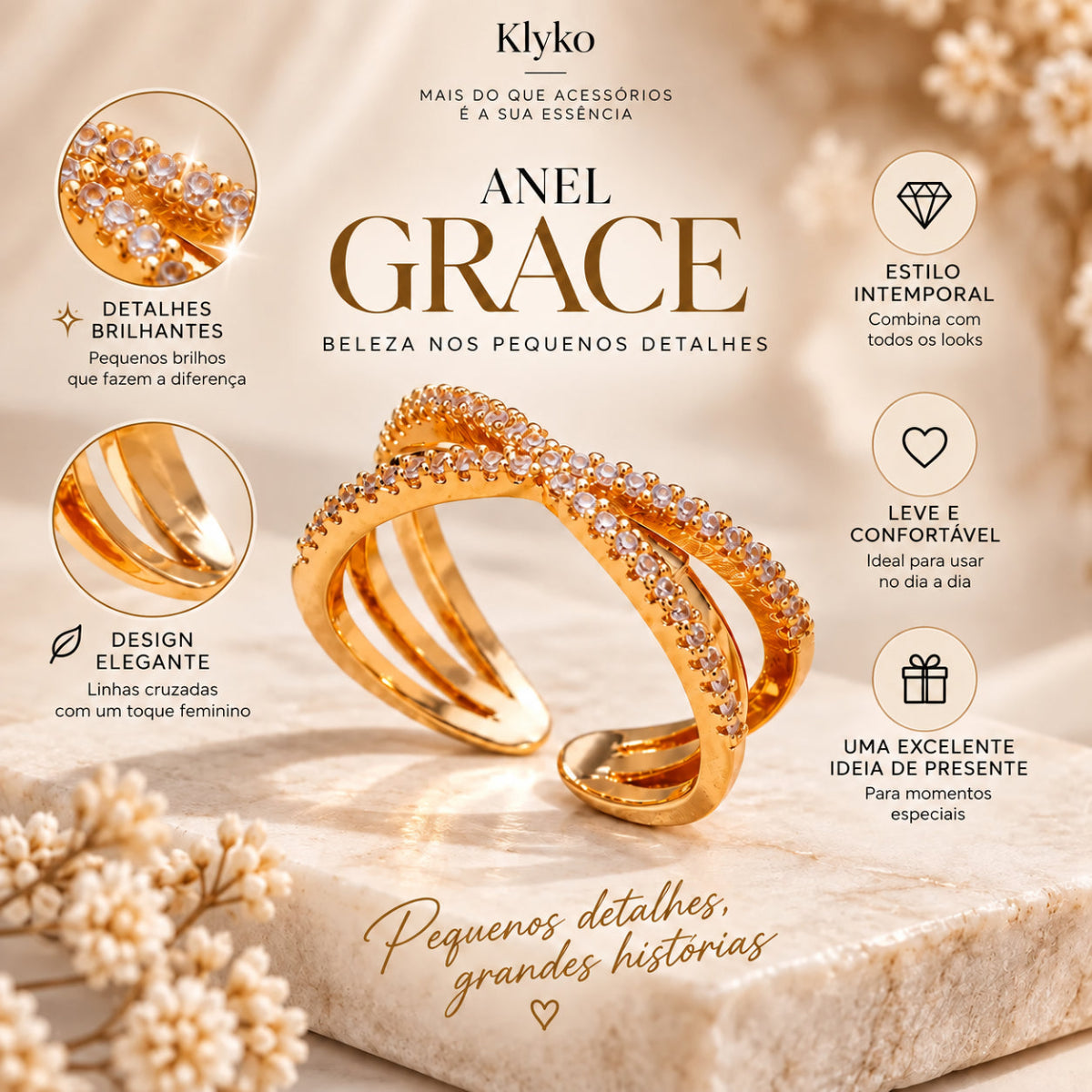 Infográfica do Anel GRACE com design cruzado, acabamento dourado, ajuste aberto e principais benefícios