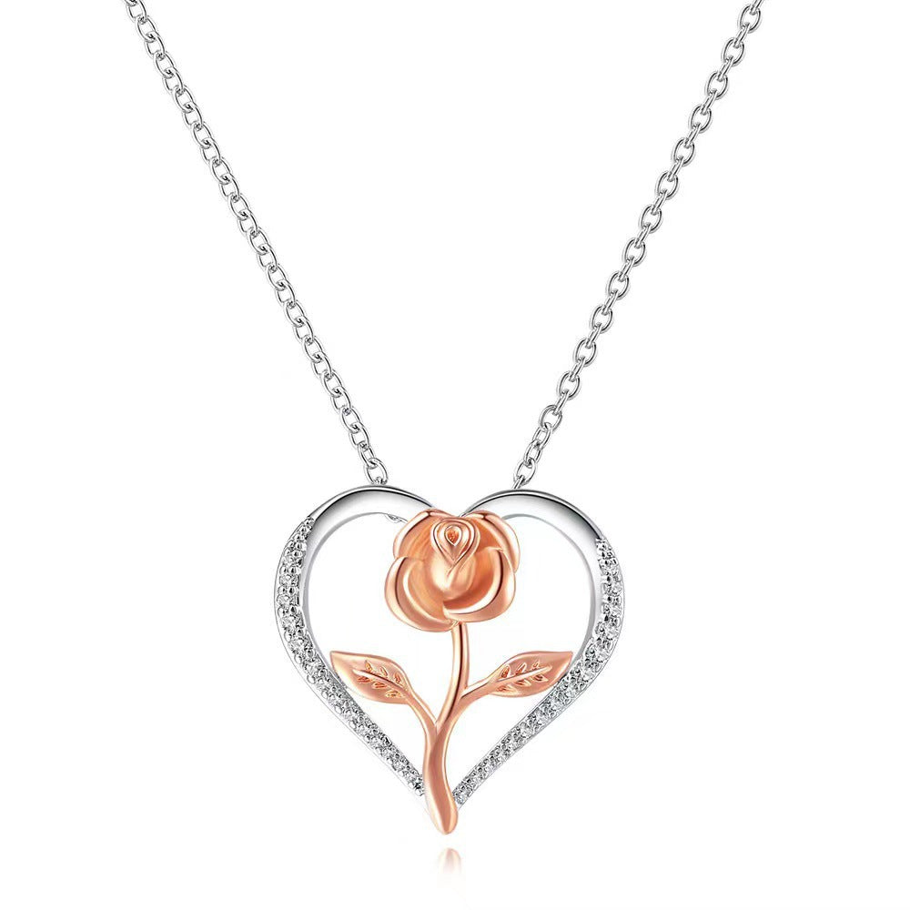 Colar coração Rose 3 em aço inoxidável hipoalergénico, acabamento prateado luminoso com rosa dourada e folhas detalhadas
