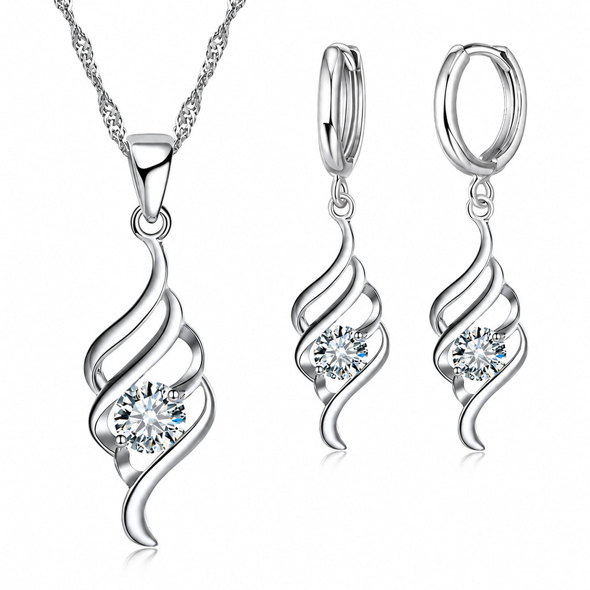Conjunto LYRA com colar e brincos de acabamento prateado e zircónia