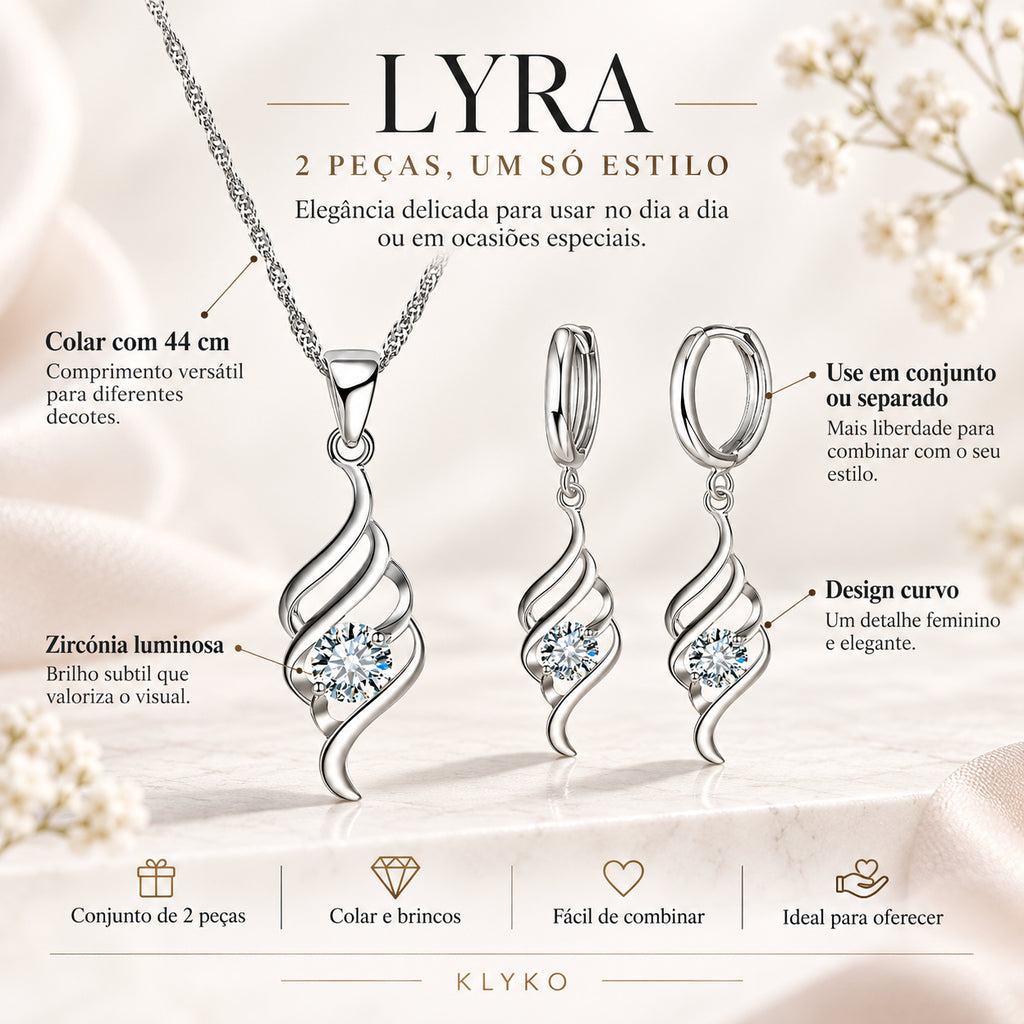 Infográfico do Conjunto LYRA com colar de 44 cm e brincos com zircónia