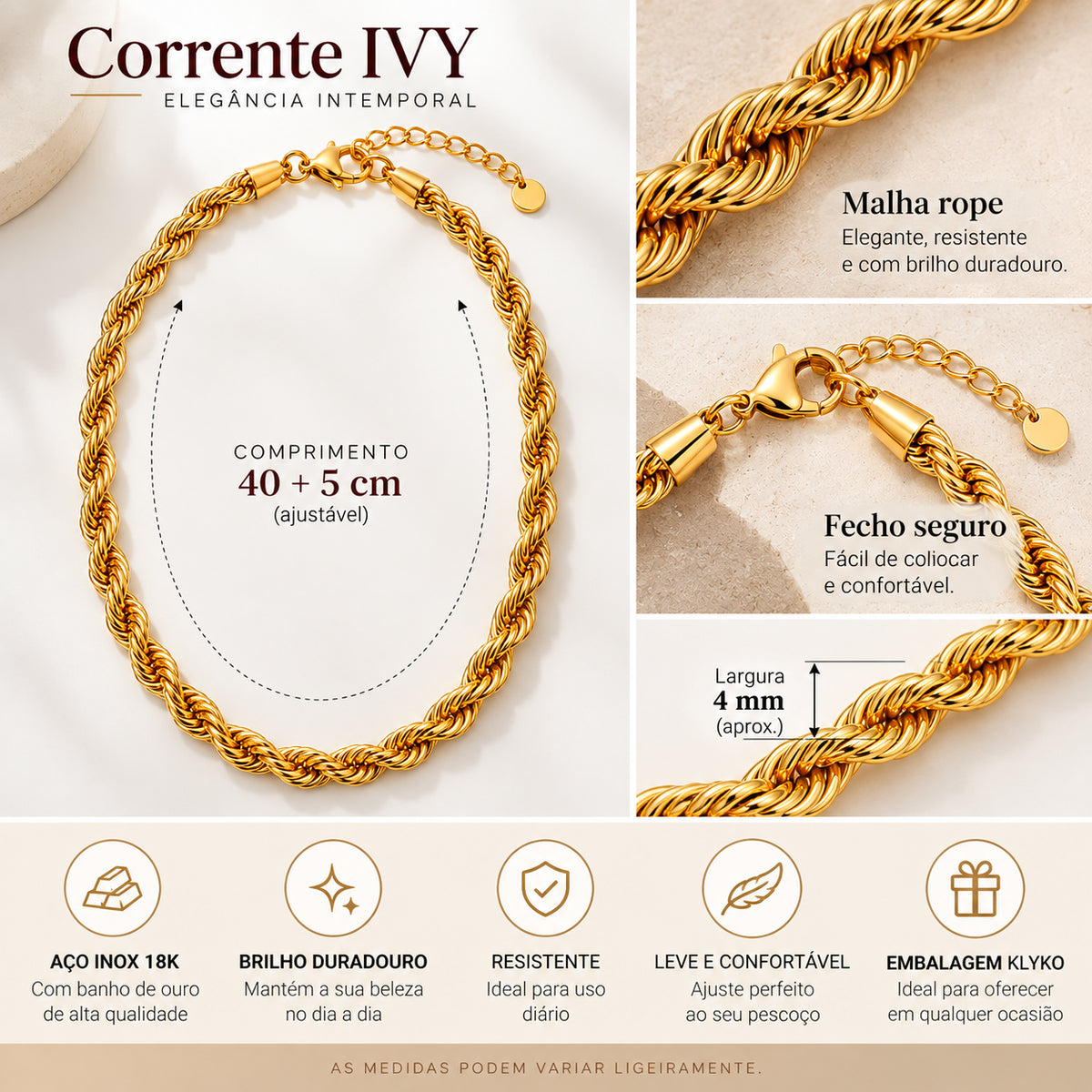 Infografia da Corrente IVY dourada em aço inoxidável com design torcido, largura e opções de comprimento.