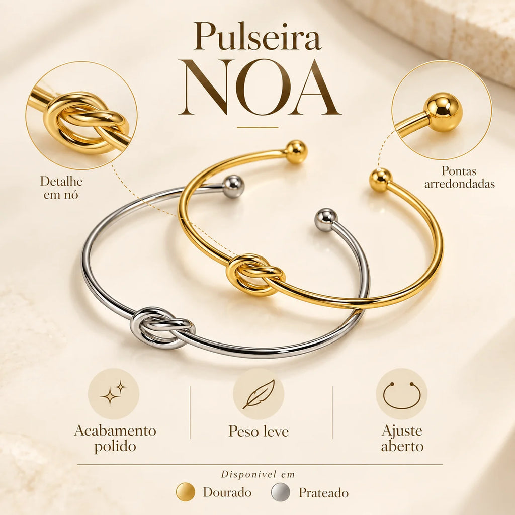 Infografia da Pulseira NOA com material, acabamentos e características do produto