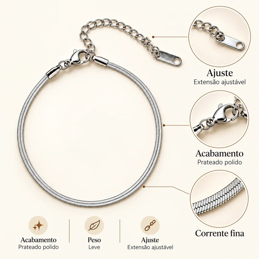 Infografia da Pulseira NAYA em aço inoxidável prateado com medidas, material e detalhes do produto