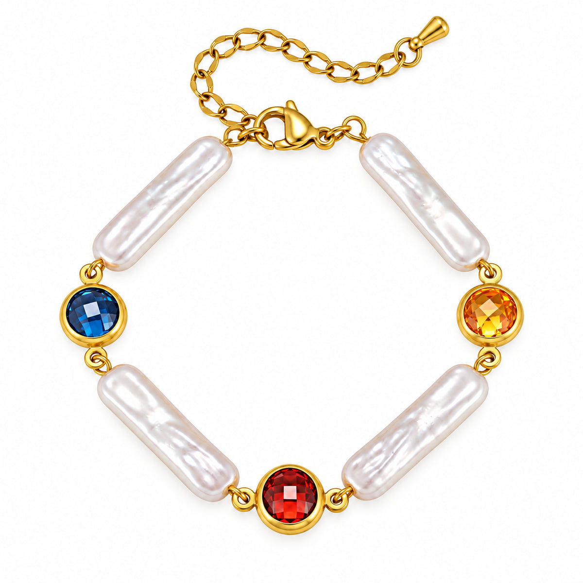 Pulseira NARA dourada em aço inoxidável com elementos alongados tipo pérolas de imitação e zircónias cúbicas coloridas.