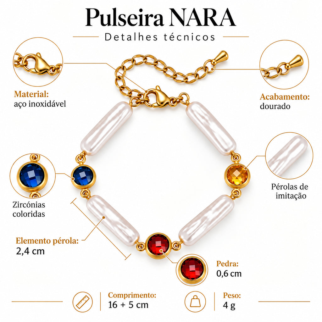 Infografia da Pulseira NARA com aço inoxidável, acabamento dourado, fecho lagosta, extensão ajustável e zircónias cúbicas coloridas.
