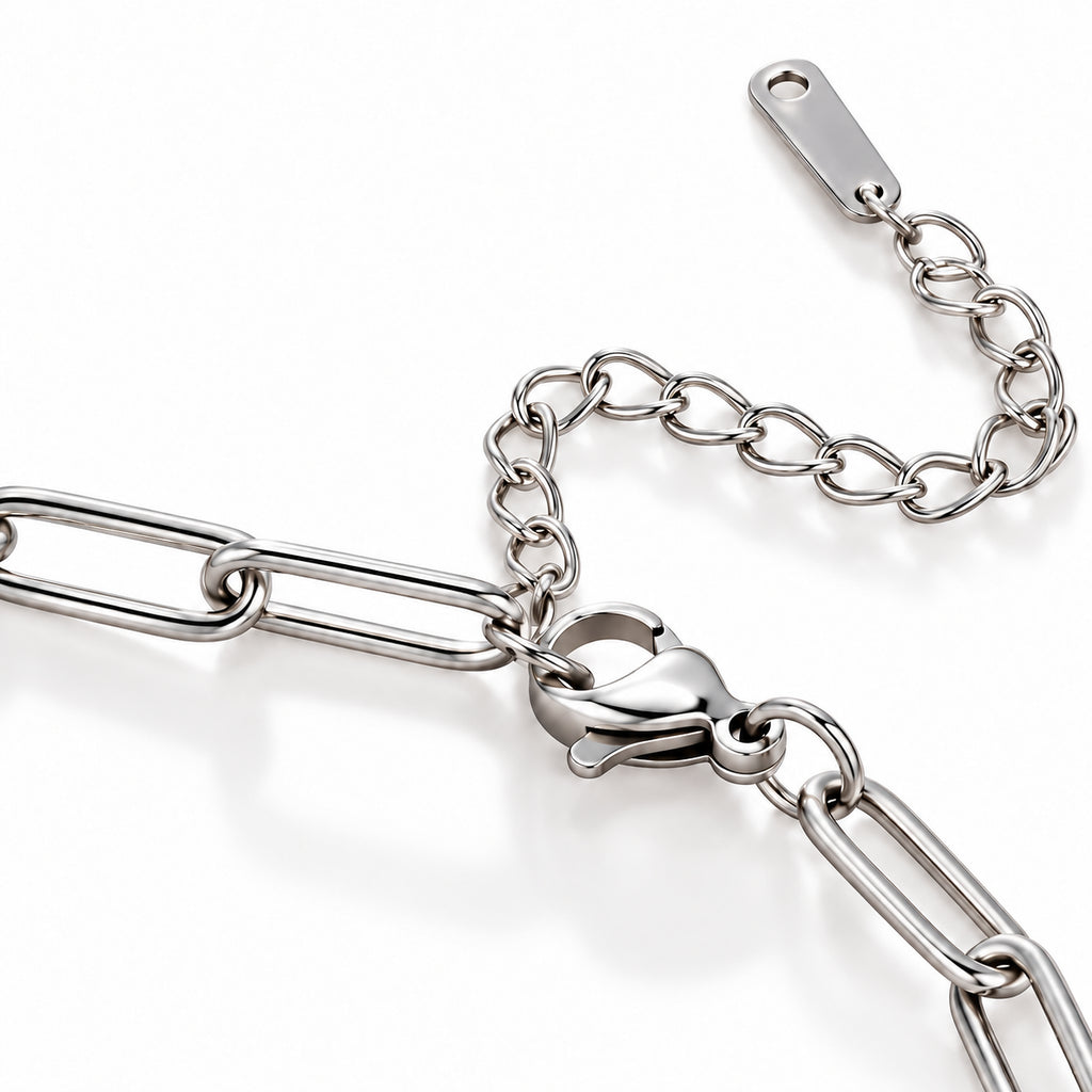 Pulseira ELOS em aço inoxidável vista de outro ângulo, destacando os elos alongados.