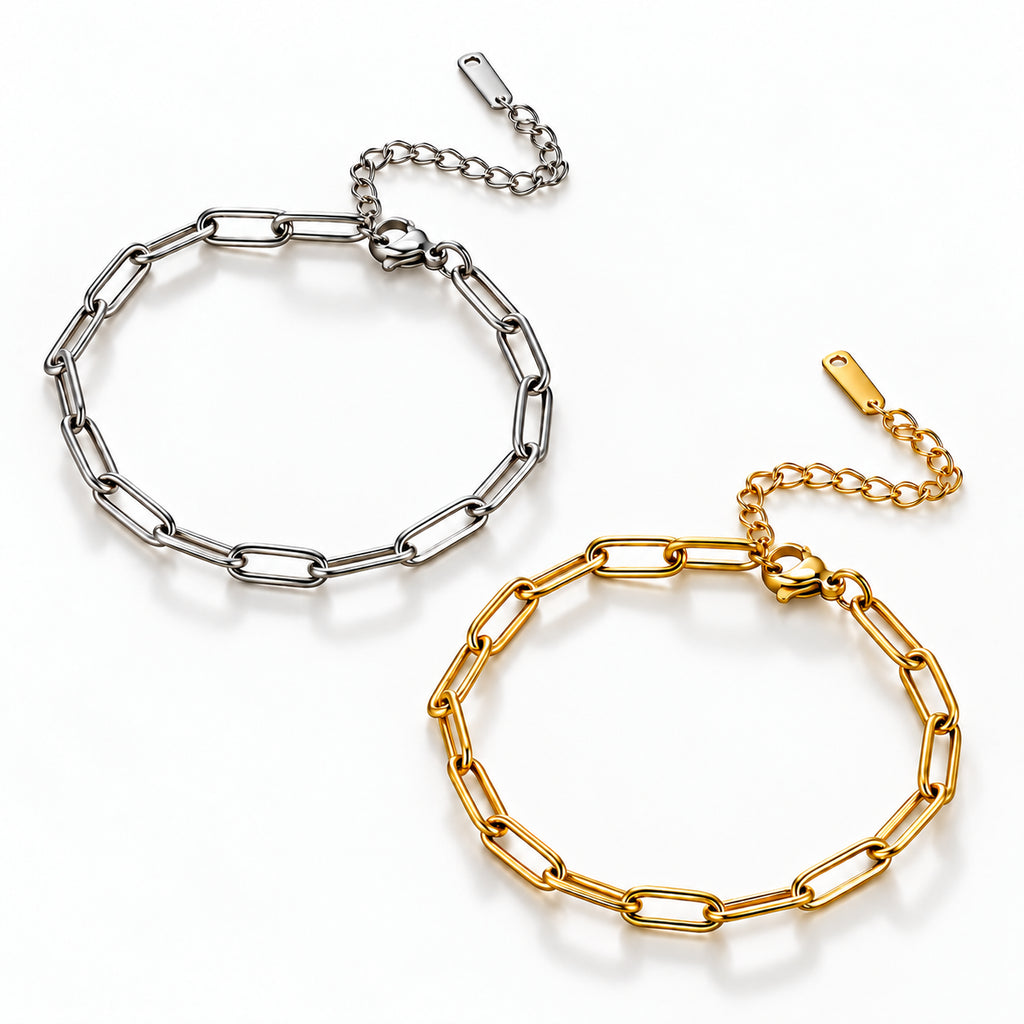 Pulseira ELOS dourada e prateada em aço inoxidável com elos alongados.