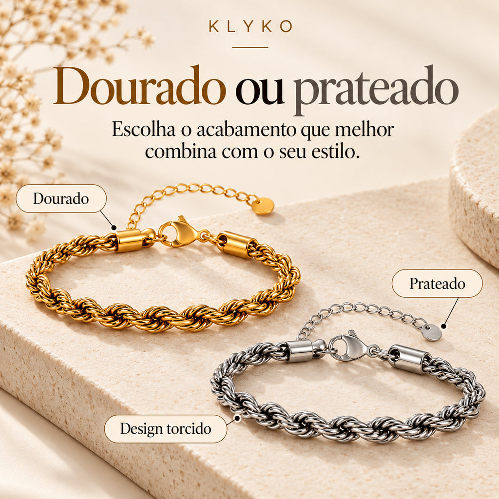 Pulseira ELARA nas versões dourada e prateada em aço inoxidável com corrente torcida.
