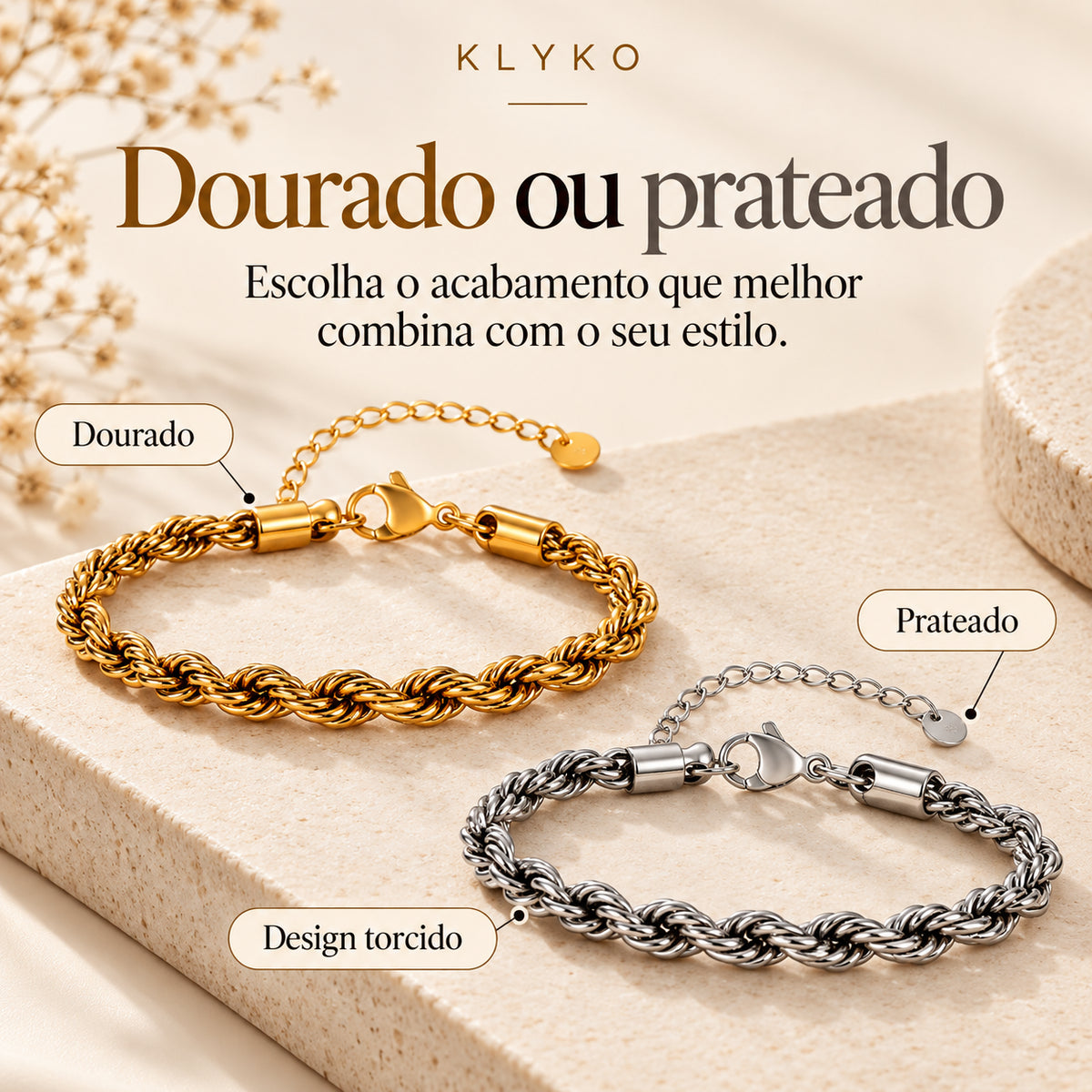 Pulseira ELARA nas versões dourada e prateada em aço inoxidável com corrente torcida.