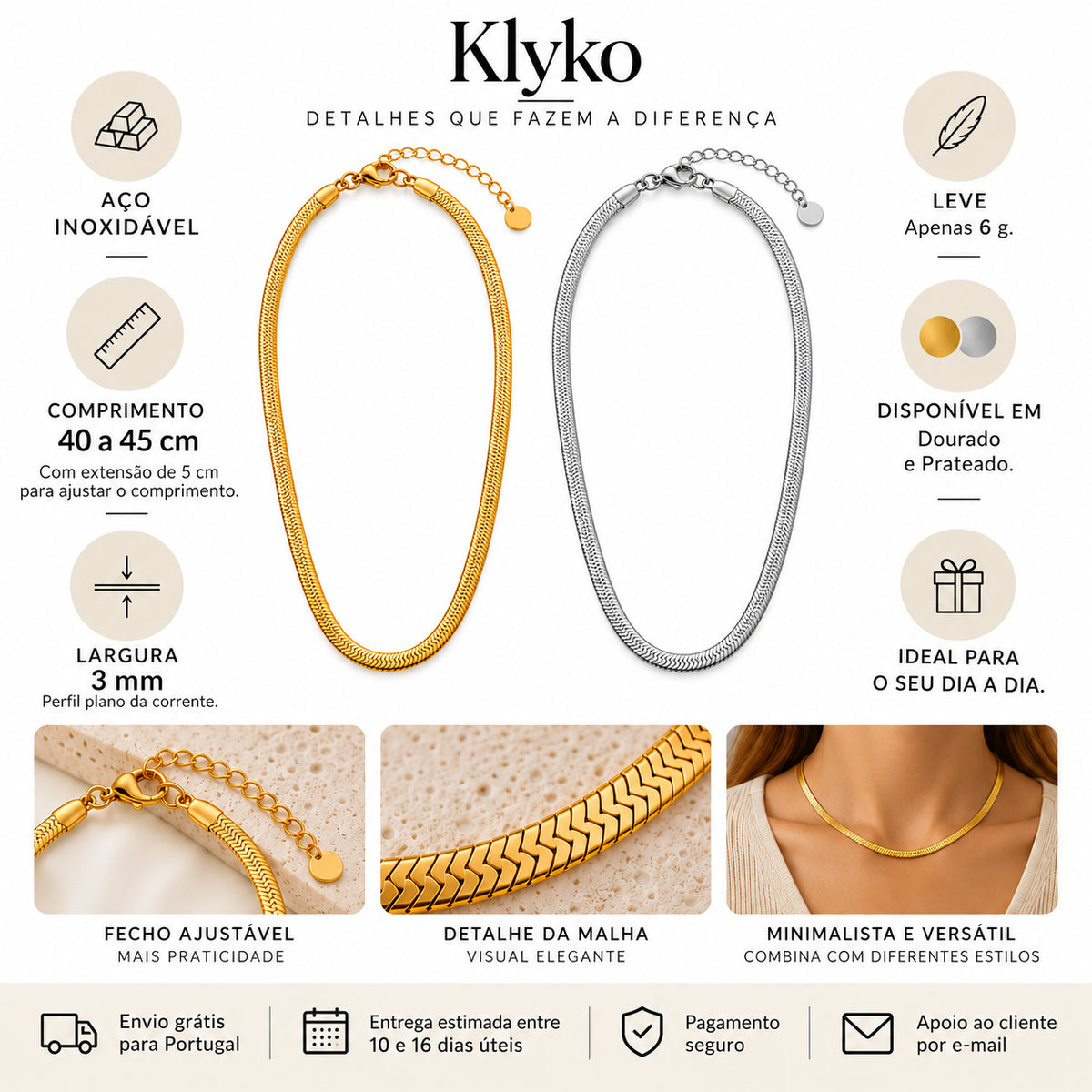 Infografia do Colar SENA em aço inoxidável com acabamentos dourado e prateado, comprimento e extensão.