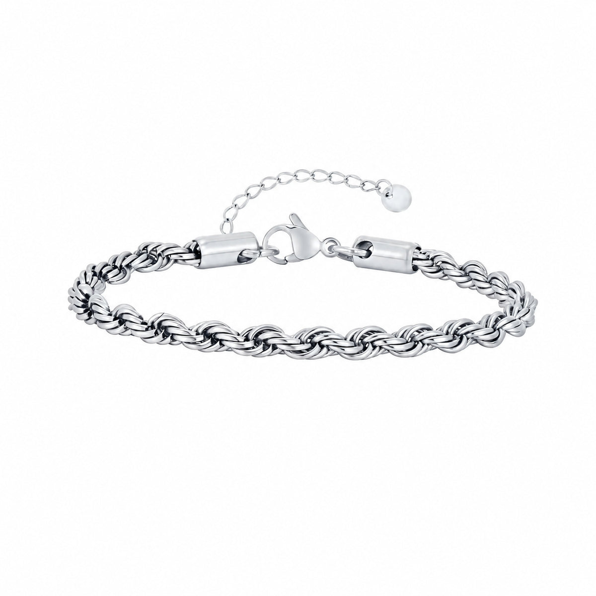 Pulseira ELARA prateada em aço inoxidável apresentada em detalhe.