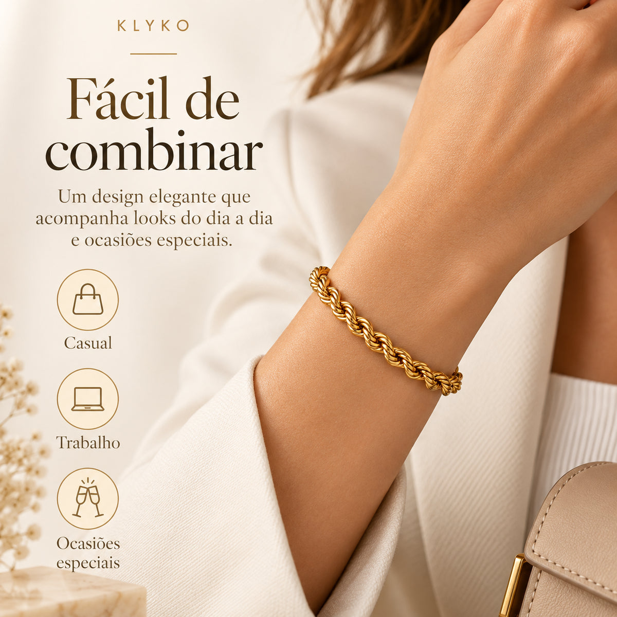 Pulseira ELARA prateada em aço inoxidável com corrente torcida.