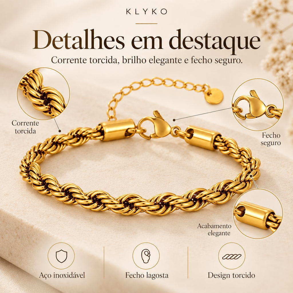 Detalhe da corrente torcida da Pulseira ELARA em aço inoxidável.