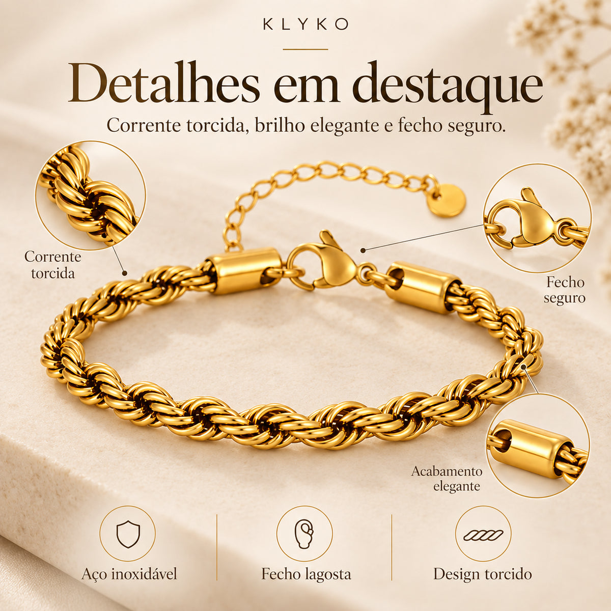 Detalhe da corrente torcida da Pulseira ELARA em aço inoxidável.