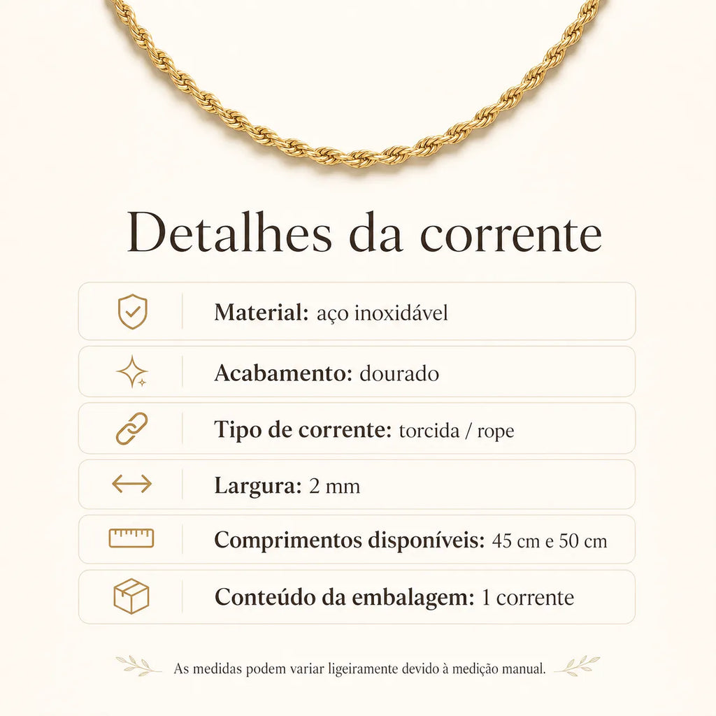Detalhes da corrente dourada torcida em aço inoxidável com 2 mm de largura e comprimentos de 45 cm e 50 cm