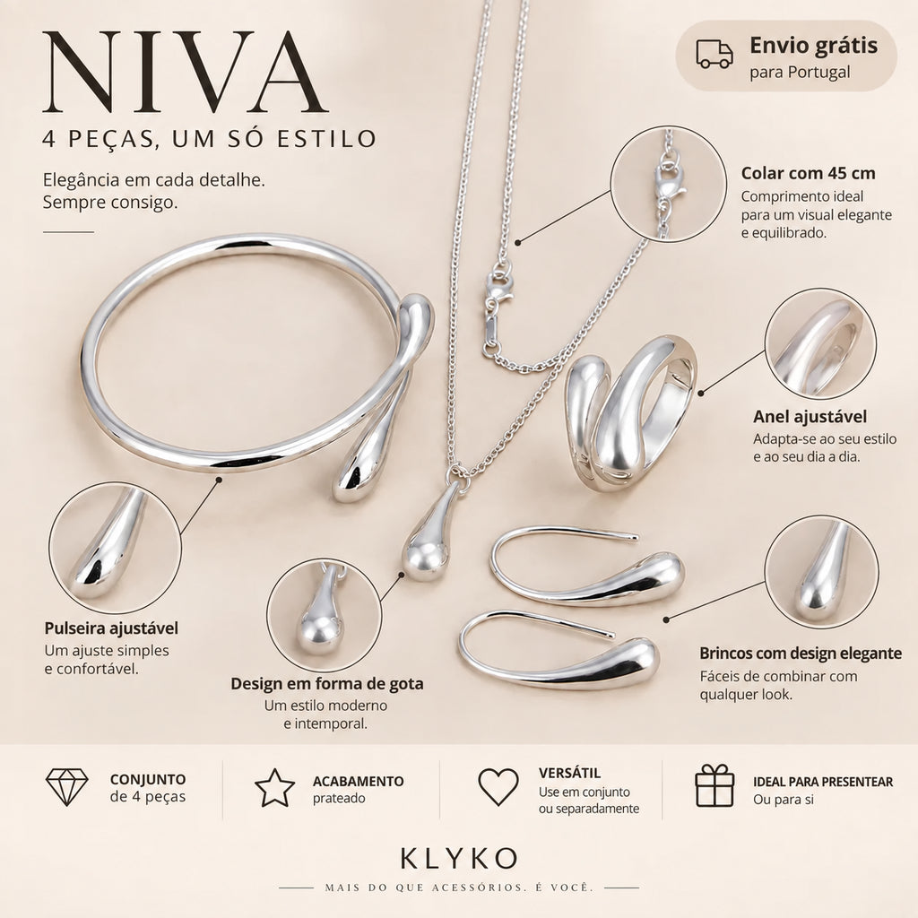 Infográfico do Conjunto NIVA com colar de 45 cm, pulseira e anel ajustáveis