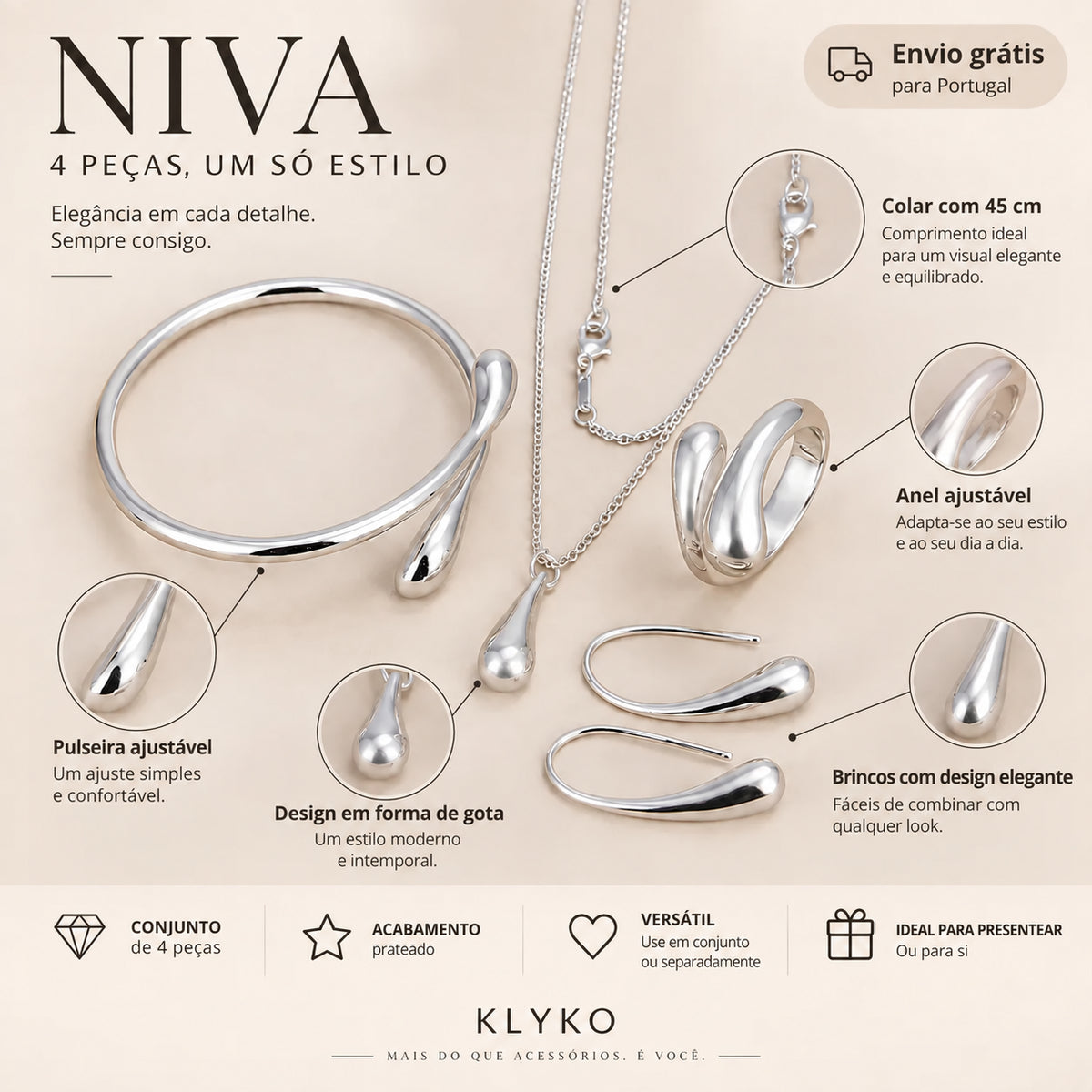 Infográfico do Conjunto NIVA com colar de 45 cm, pulseira e anel ajustáveis