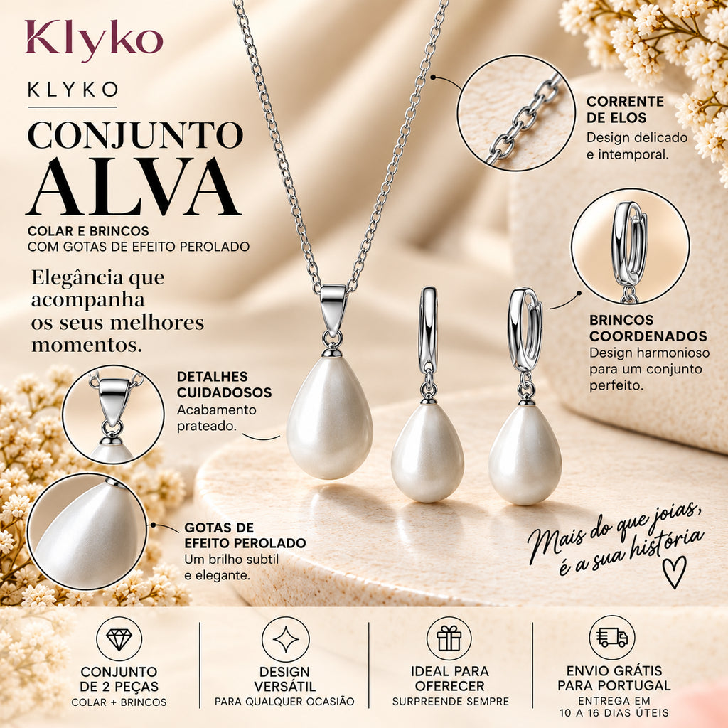 Infográfico do Conjunto ALVA com colar e brincos de efeito perolado e acabamento prateado