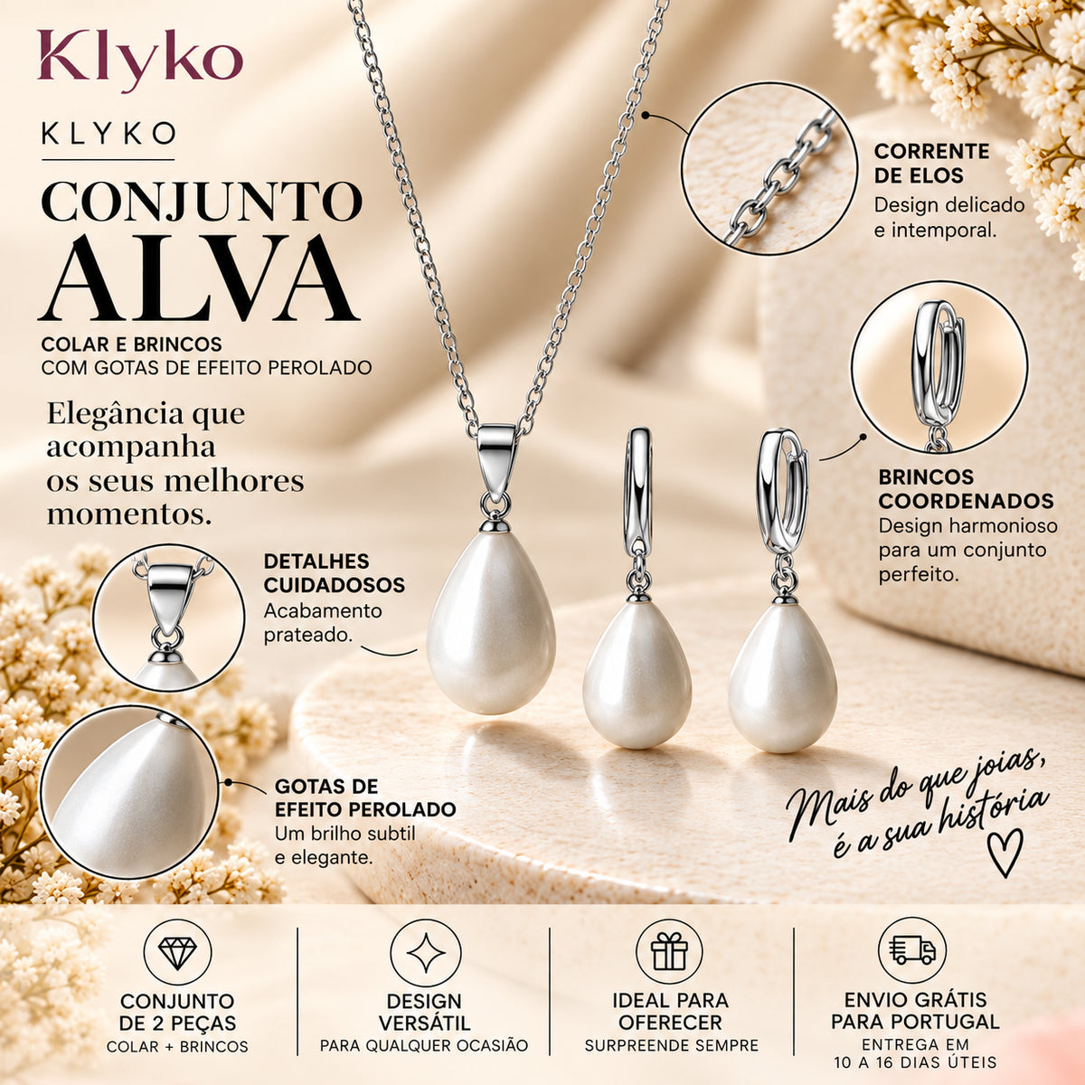 Infográfico do Conjunto ALVA com colar e brincos de efeito perolado e acabamento prateado