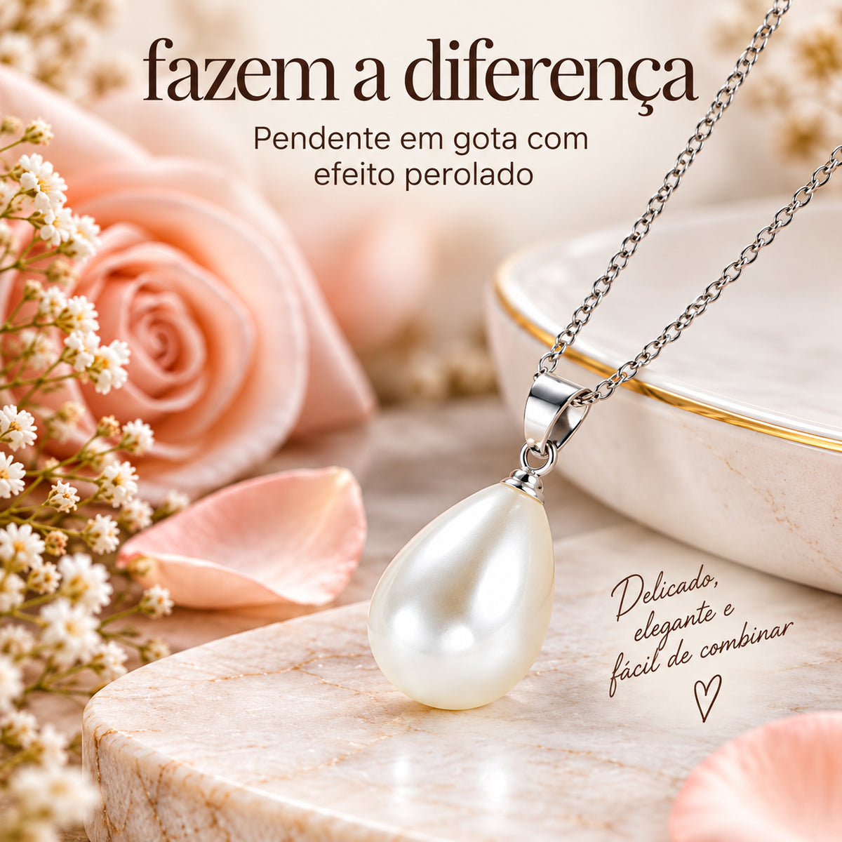 Pendente do colar ALVA em forma de gota com efeito perolado