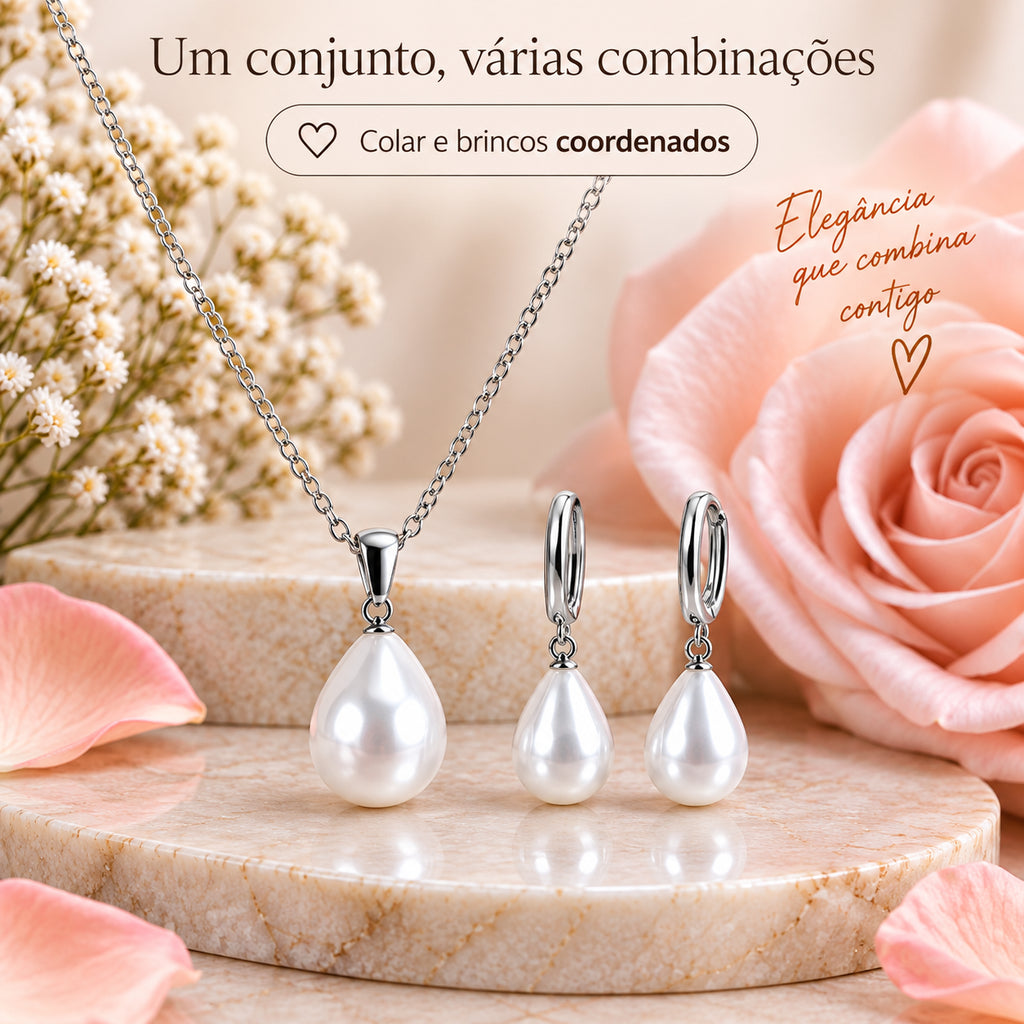 Conjunto ALVA coordenado com colar e brincos de gotas de efeito perolado