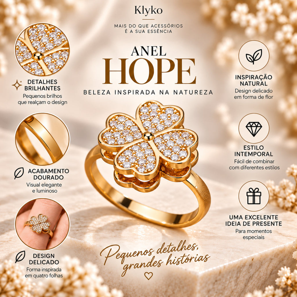 Infográfica do Anel HOPE com acabamento dourado, design de quatro folhas e principais características