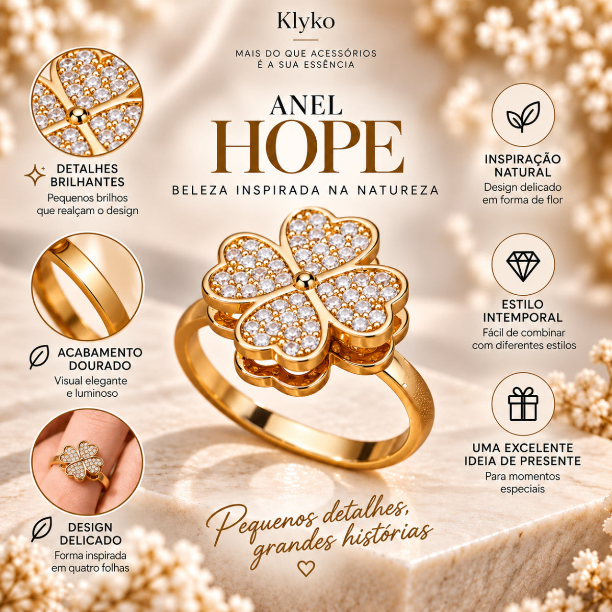 Infográfica do Anel HOPE com acabamento dourado, design de quatro folhas e principais características