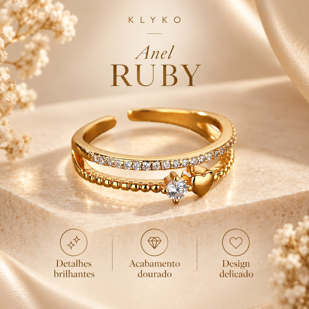 Anel RUBY feminino com design de aro duplo, coração dourado e detalhes brilhantes