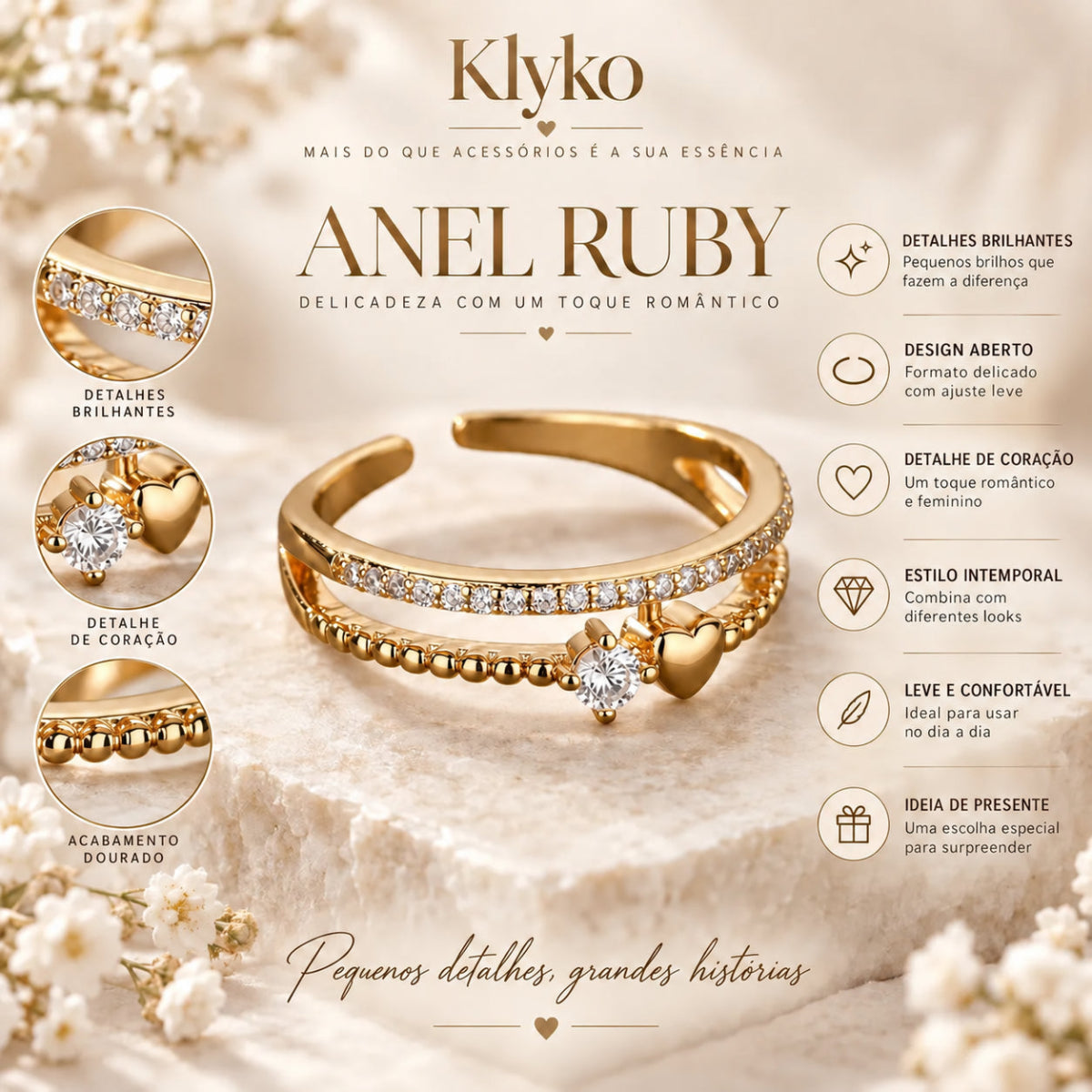 Infográfica do Anel RUBY em aço inoxidável com acabamento dourado, aro duplo, coração e principais características