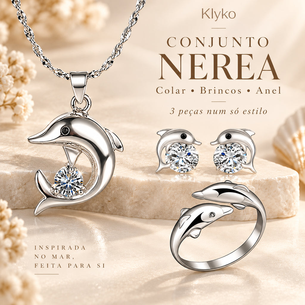 Conjunto NEREA de 3 peças com design de golfinho em cenário bege