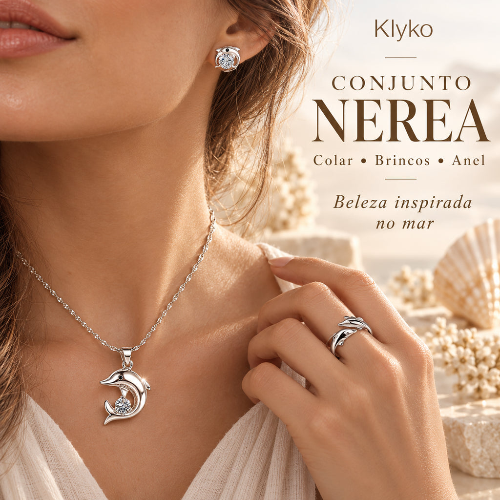 Modelo a usar o colar, brincos e anel do Conjunto NEREA