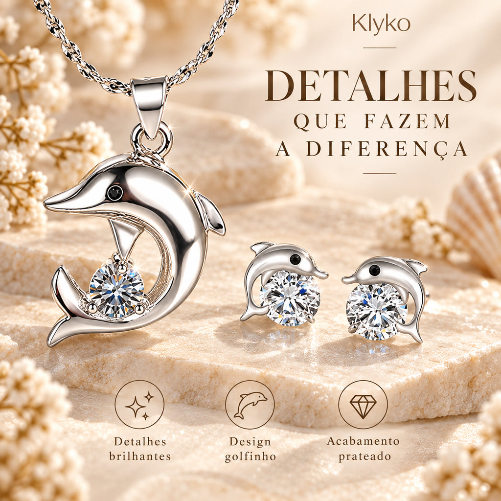 Detalhes do Conjunto NEREA com design de golfinho e acabamento prateado