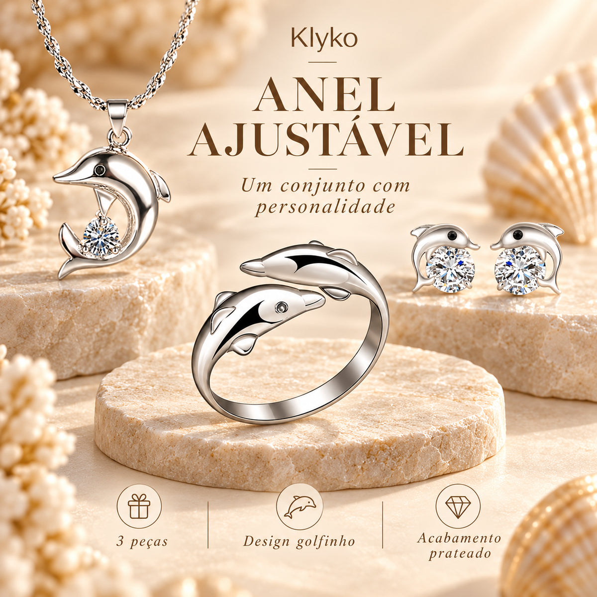 Anel ajustável do Conjunto NEREA com design de dois golfinhos