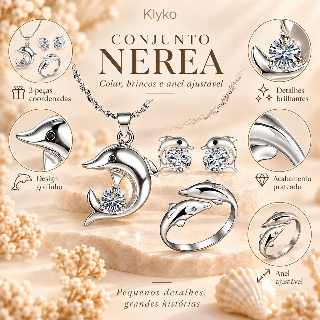 Infográfica do Conjunto NEREA com 3 peças, design de golfinho e anel ajustável