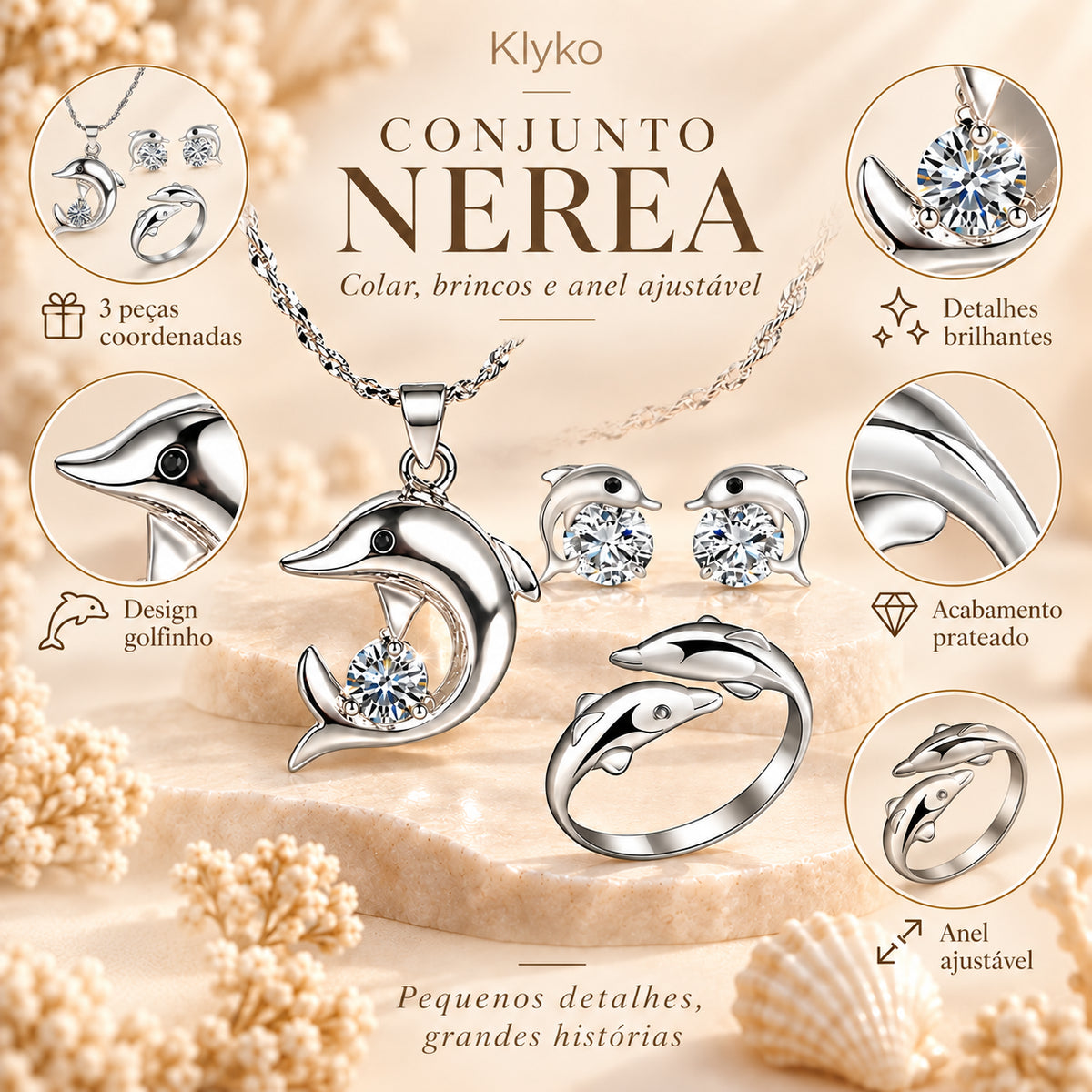 Infográfica do Conjunto NEREA com 3 peças, design de golfinho e anel ajustável