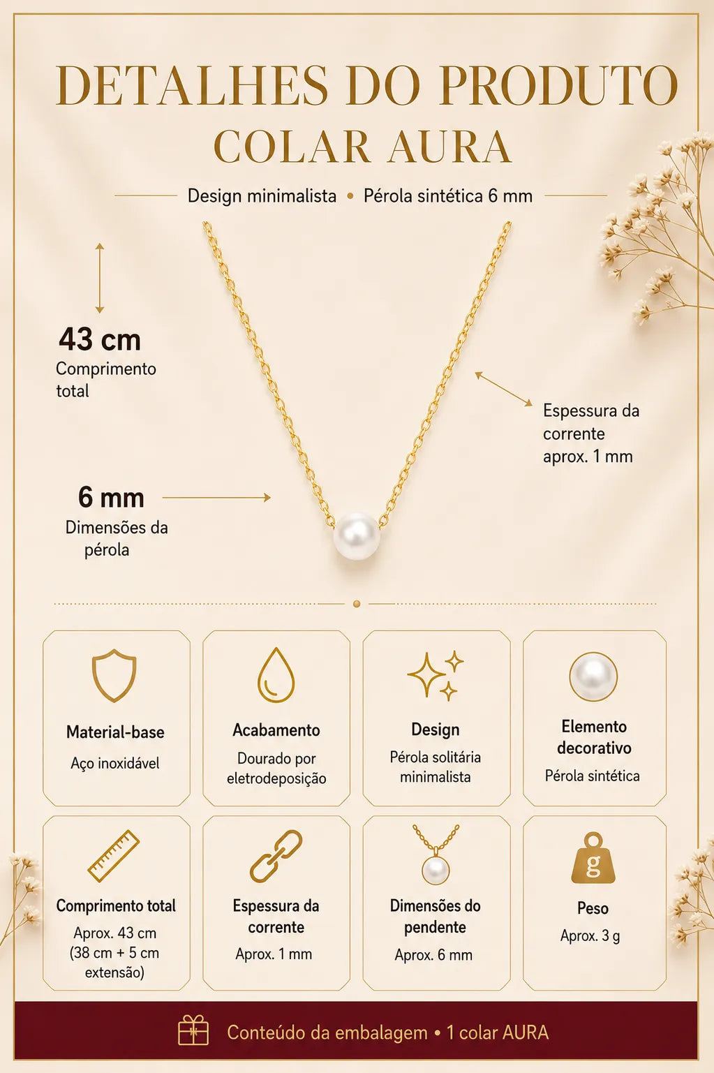 Medidas e detalhes do Colar AURA com corrente de 38 cm mais 5 cm de extensão