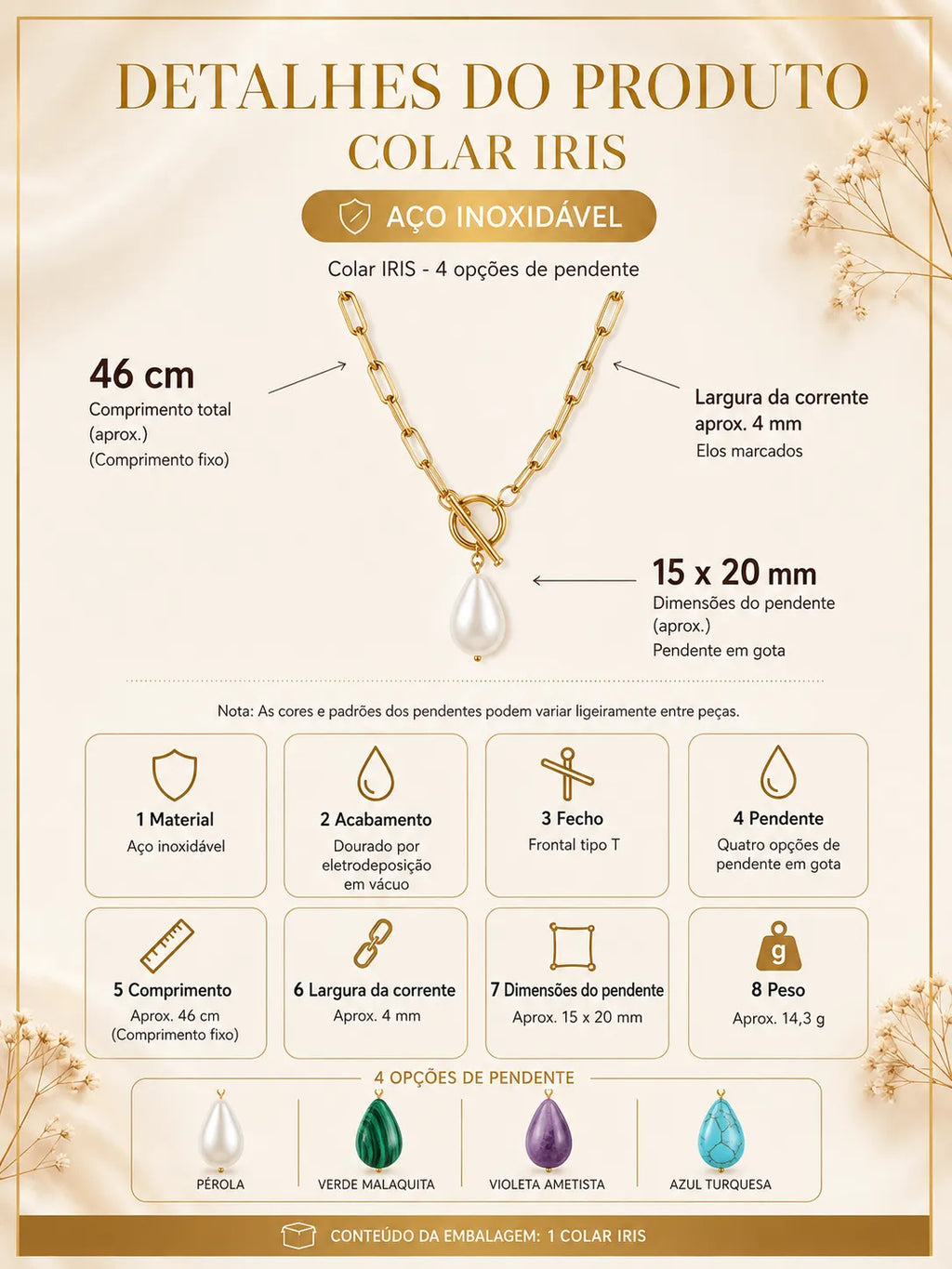 Medidas e detalhes do Colar IRIS em aço inoxidável com pendente em gota