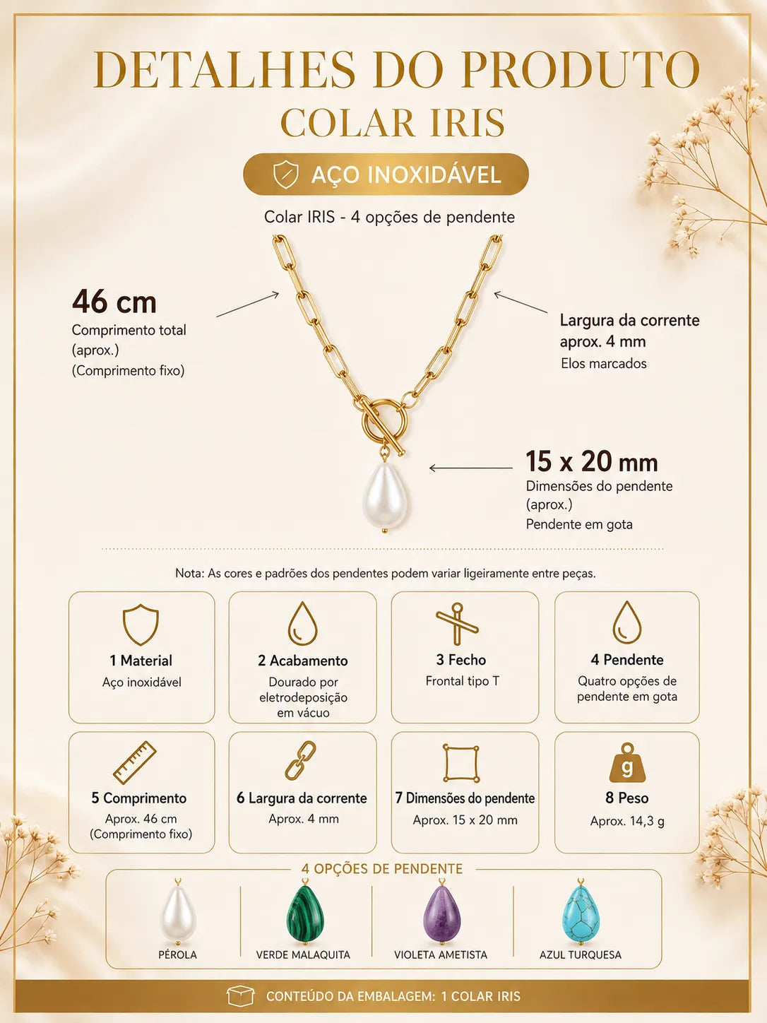 Medidas e detalhes do Colar IRIS em aço inoxidável com pendente em gota