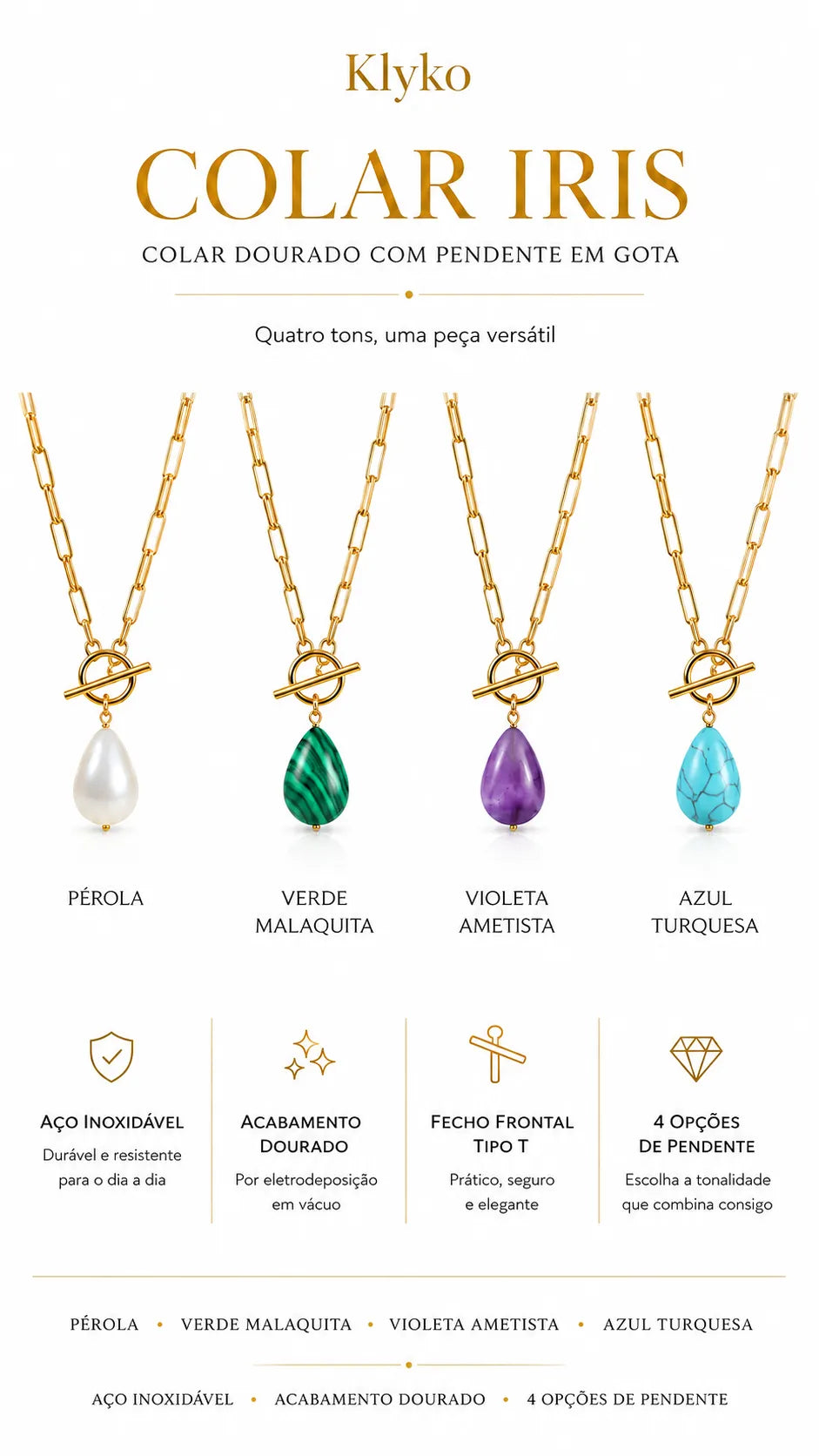 Colar IRIS dourado em aço inoxidável com quatro opções de pendente