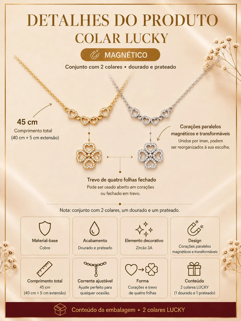 Ficha informativa do Colar LUCKY transformável com dois colares dourado e prateado