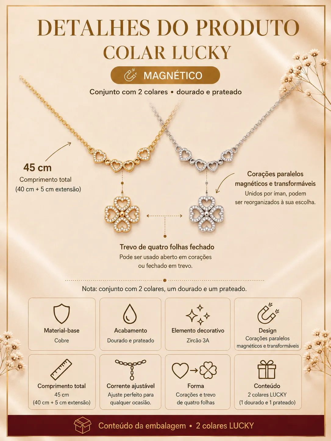 Ficha informativa do Colar LUCKY transformável com dois colares dourado e prateado