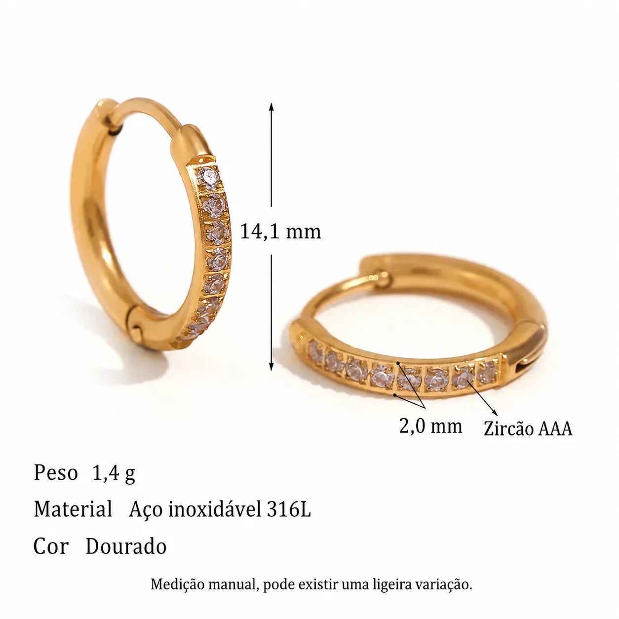 Brincos LIORA dourados de 14,1 mm em aço inoxidável 316L com zircão 3A.