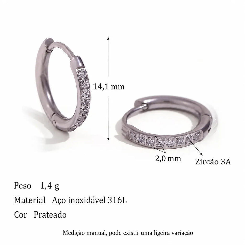 Brincos LIORA prateados de 14,1 mm em aço inoxidável 316L com zircão 3A.