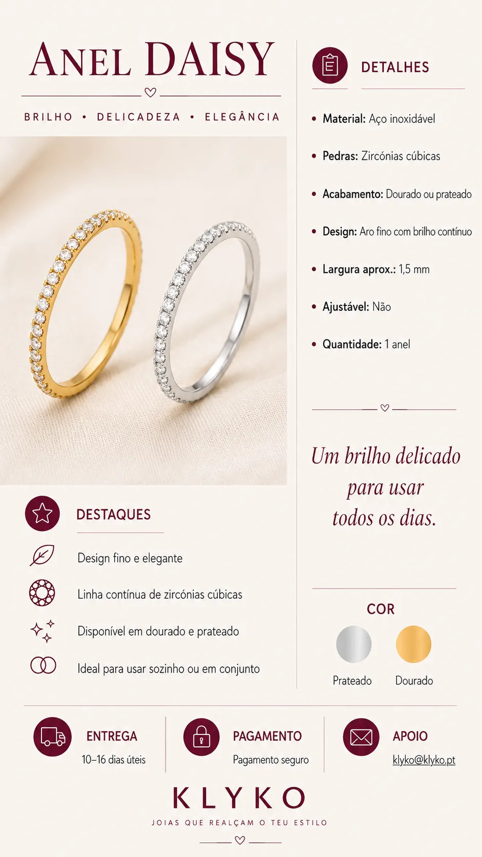 Ficha informativa do Anel DAISY em aço inoxidável com zircónias cúbicas, disponível em prateado e dourado, com detalhes do produto, destaques, entrega e apoio.